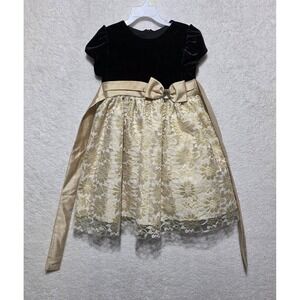 Jayne Copeland Girls Black Velvet Gold Floral Lace Party Dress Size 4